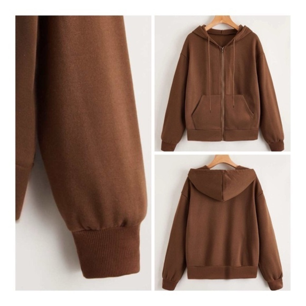 SHEIN Zip Up Drop Shoulder Drawstring Hoodie - Coffee Brown